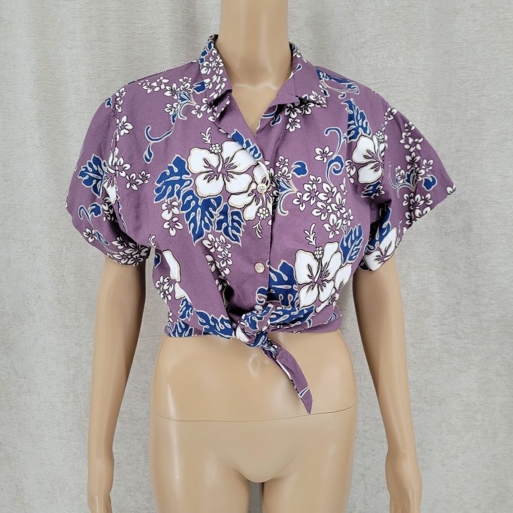 Vintage Purple Hawaiian Crop Top Coconut Girls Tie Front Women's Medium